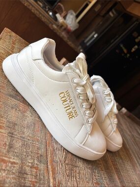 Versace Jeans Couture White Leather Sneakers with Gold Logo